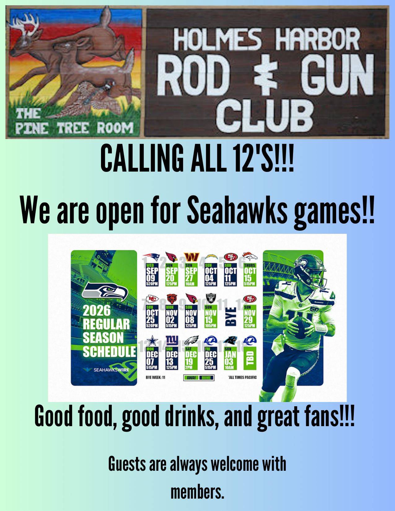 We are open for Seahawks games flyer, with the 2026 regular season schedule